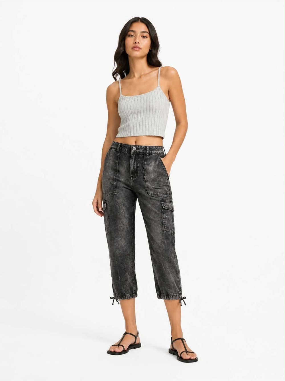 4/$20➡️  Grey Striped Spaghetti Strap Cropped Tank Top – Size Medium EUC